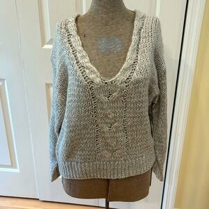 WhiteRoom + Cactus grey lightly crocheted deep v-neck long sleeve sweater